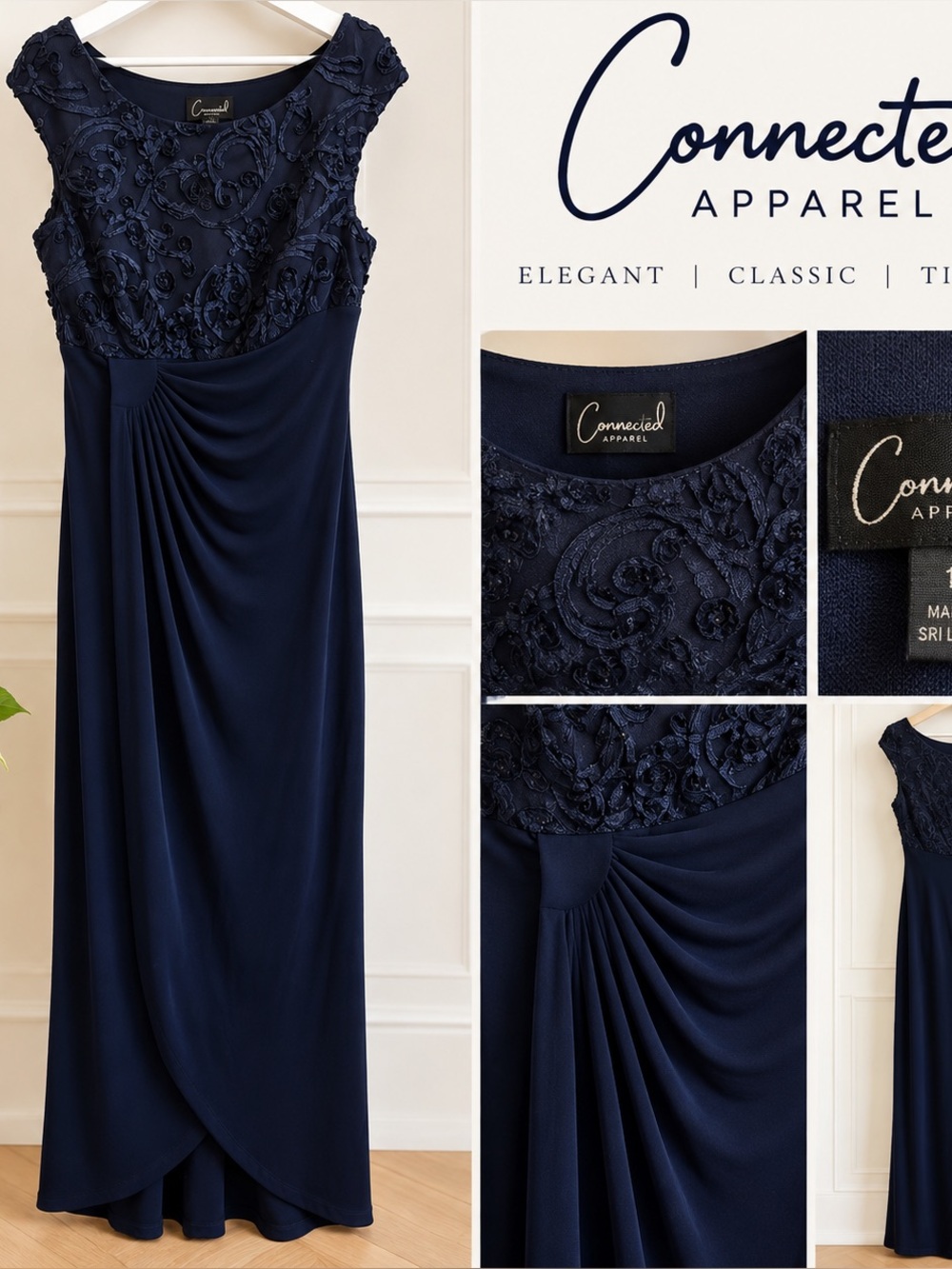 Connected Apparel NWT Navy Size 10 Long Formal Dress Emroidered